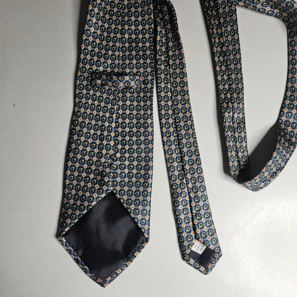 Mens Silk Tie Navy Blue Floral Daisy Equestrian Bit Geometric Hand Made in Italy
